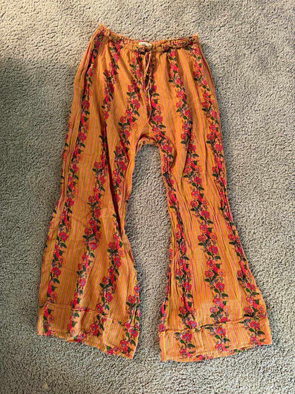 Natural Life Semi-Sheer Lightweight Boho Floral Stripe Wide Leg Pants Pajama